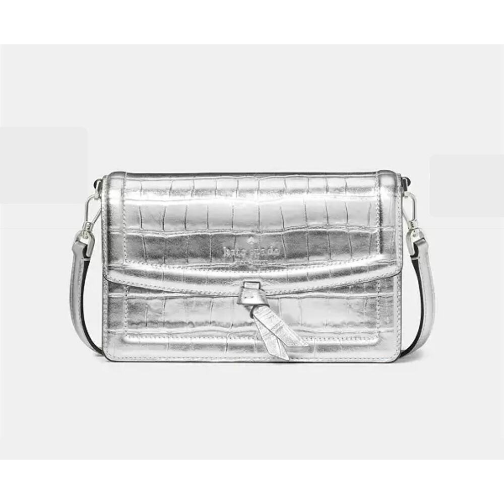 KATE SPADE NWT Knott Croc Embossed Flap Crossbody, Silver